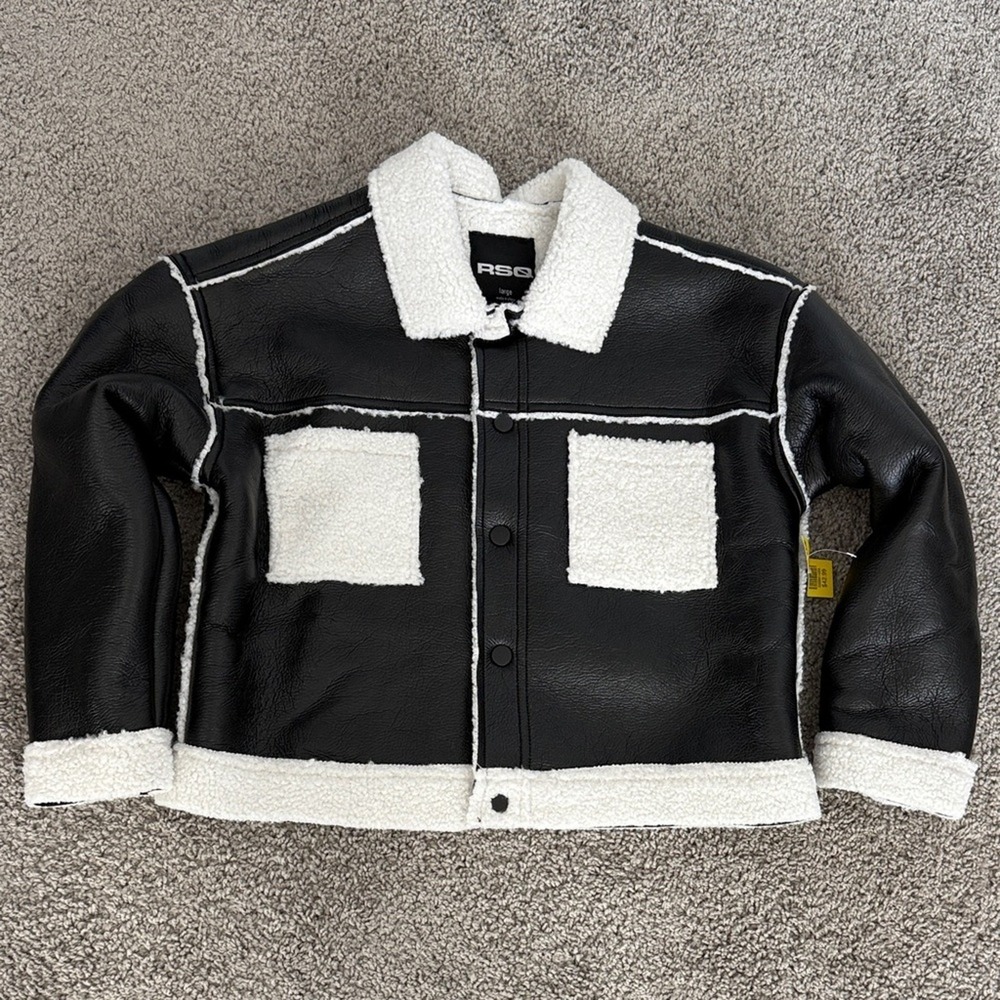 RSQ Kids Black Faux Leather‎ Sherpa Lined Jacket Boys Girls Size Large